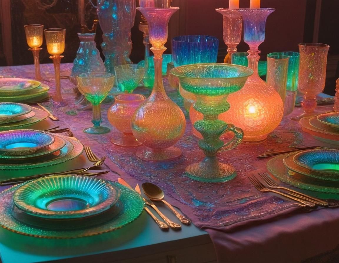 Iridescent Carnival and Uranium Glass Table Setting