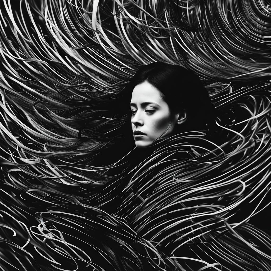 Woman Immersed in Chaotic Black Noise