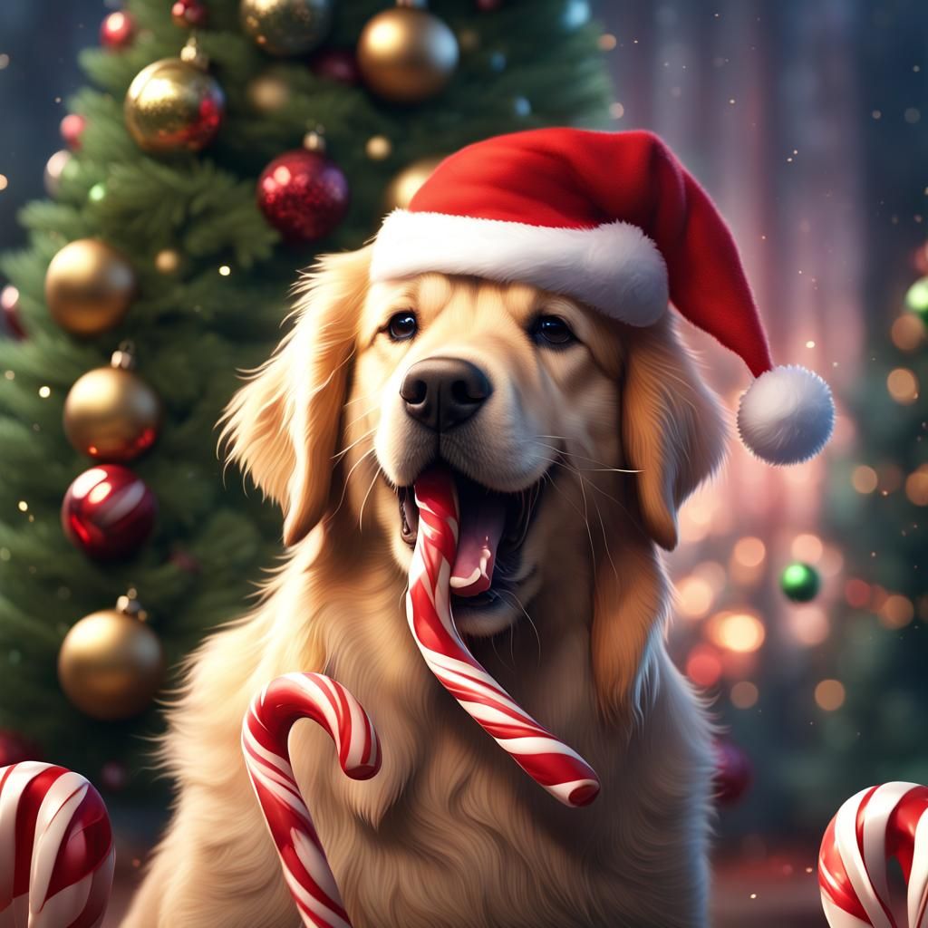 Golden Retriever Licking Candy Cane, Detailed Matte Painting