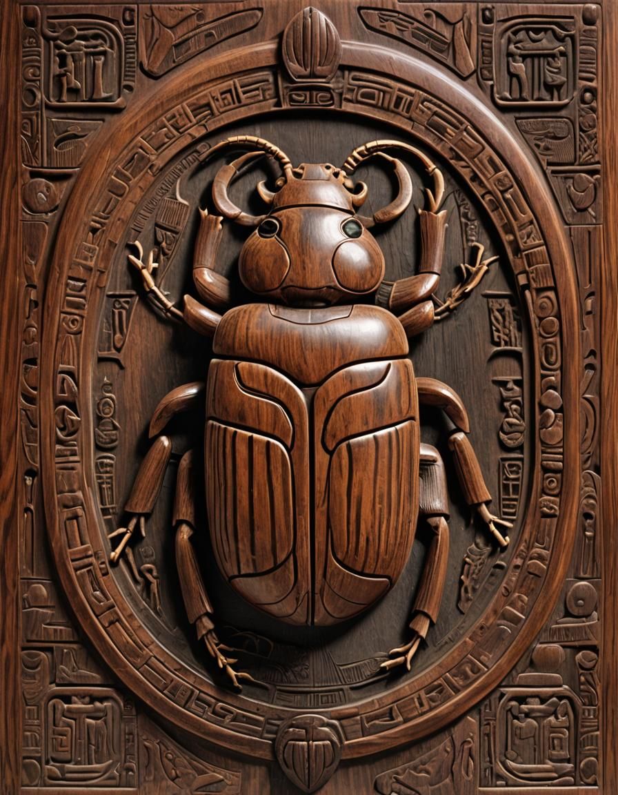 Ornate Rosewood Scarab Beetle Relief Carving