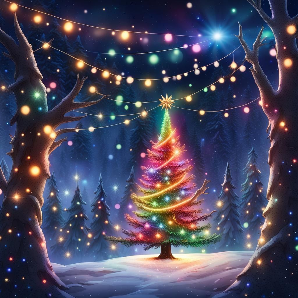 Christmas Tree with Dancing Elves Under Galactic Sky