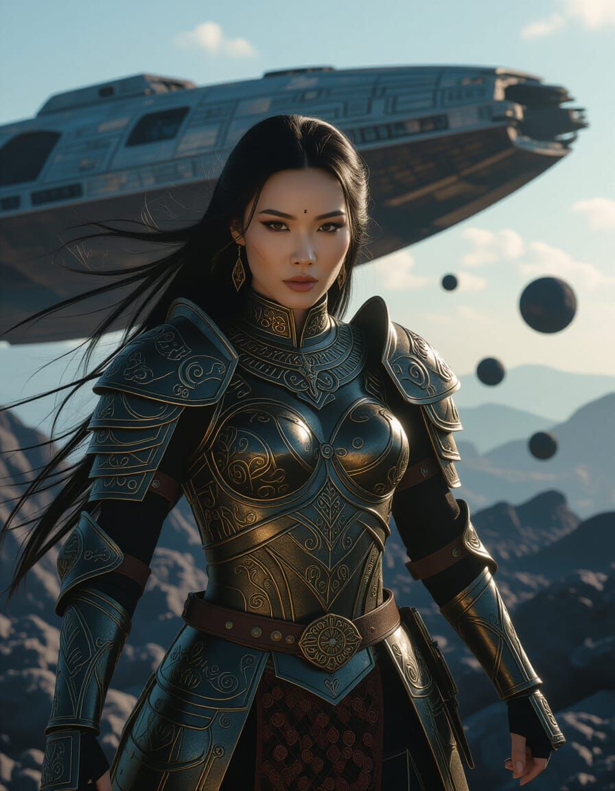 Hmong Warrior Navigates Asteroid Field in Steampunk Style