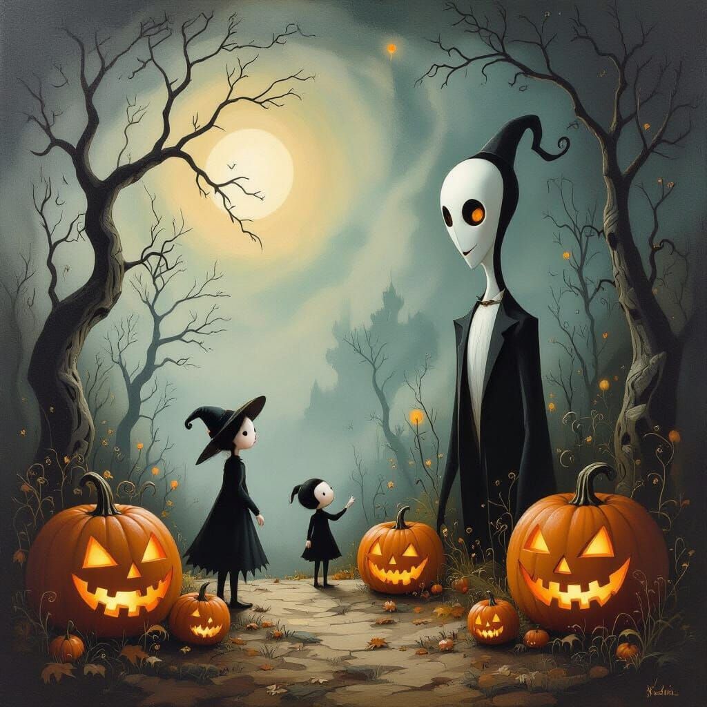 Surreal Halloween Oil Painting of Whimsical Characters
