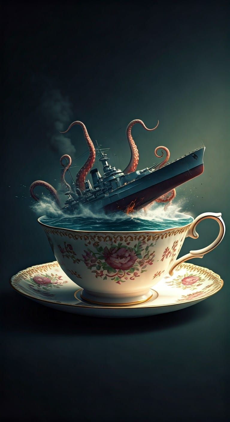 Octopus Battleship Teacup World in Hyperrealistic Detail