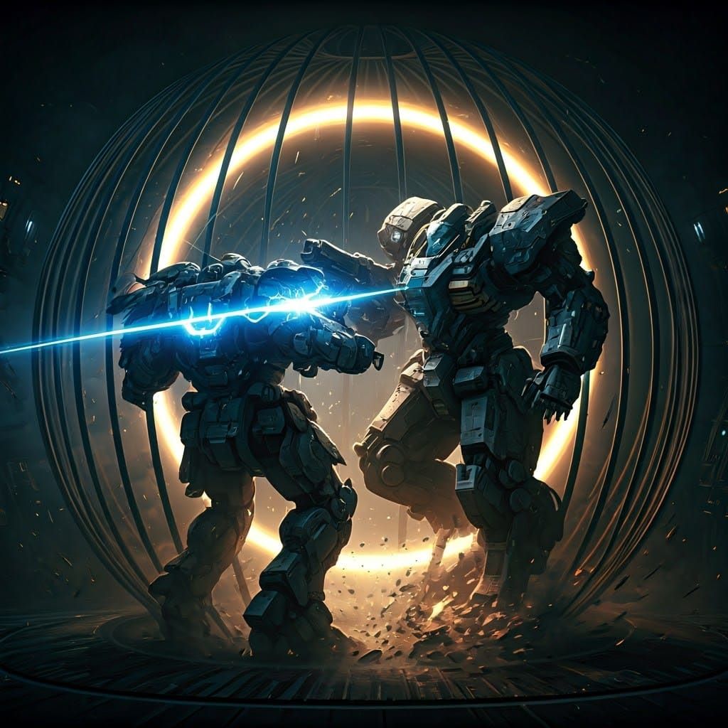 Mecha Battle in Spherical Cage, Hyper-Realistic Matte Painti...