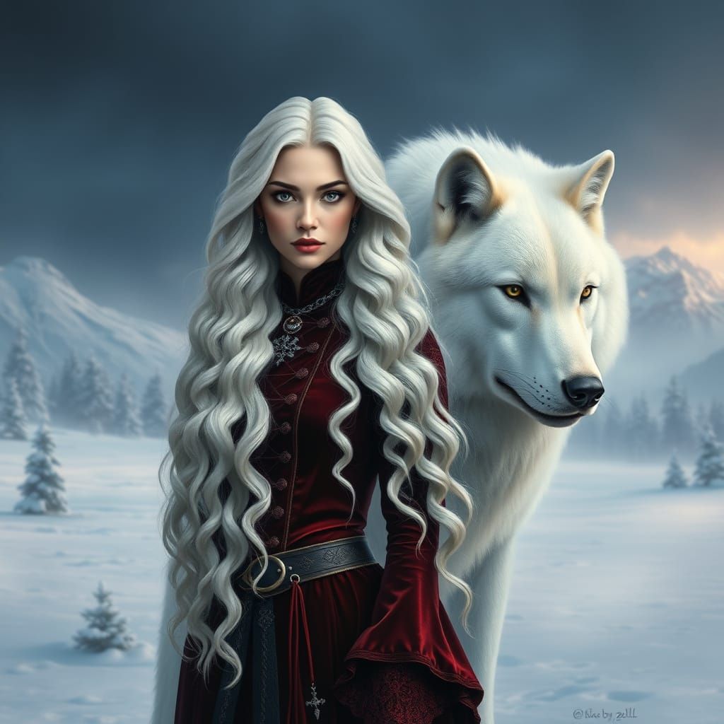 Winter Goddess Amidst Majestic Wolf in Snowy Landscape