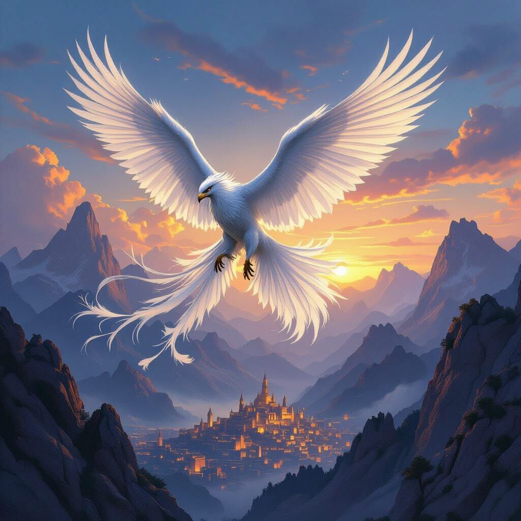 Griffin Soaring over Ancient City in Fantasy Style