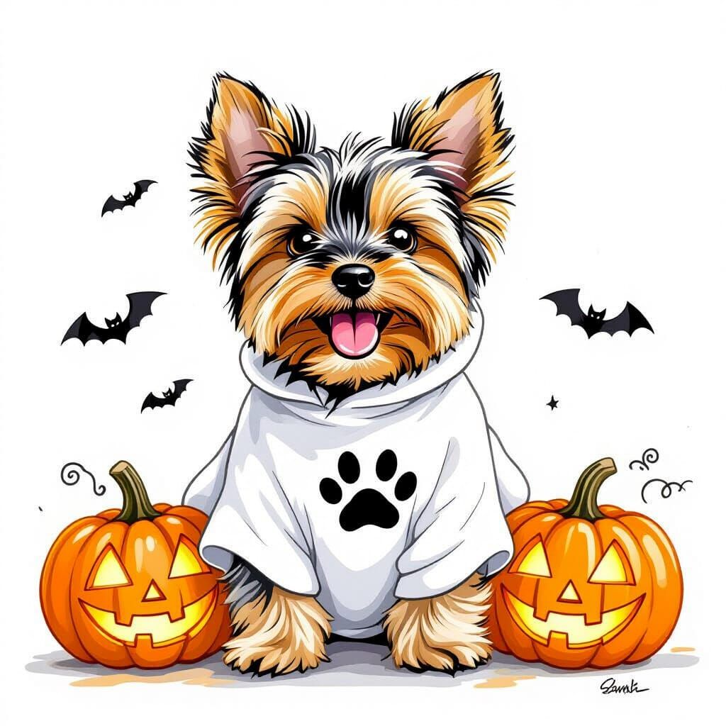 Yorkie Puppy Celebrates Halloween in Whimsical Illustration