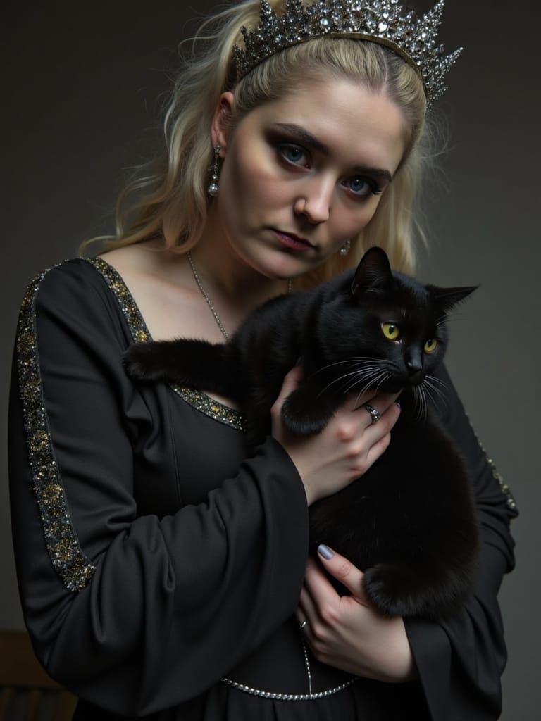 Medieval Queen in Dark Castle Holding Black Cat
