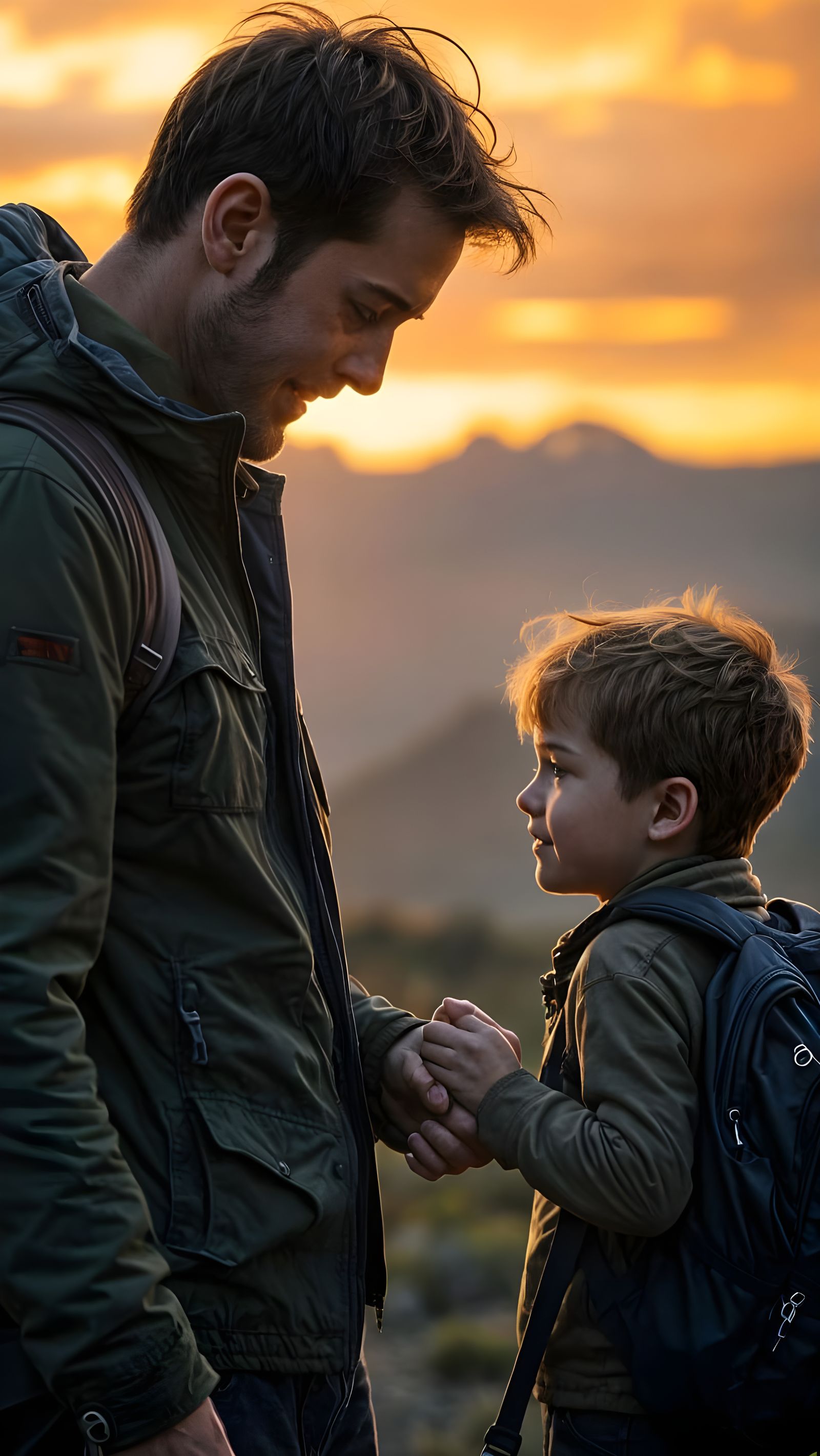 Heartfelt Father-Son Moment in Golden Sunset Light