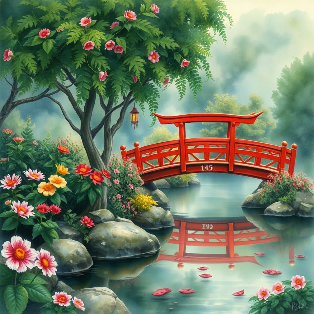 Serene Japanese Garden with Red Bridge in Watercolor Style