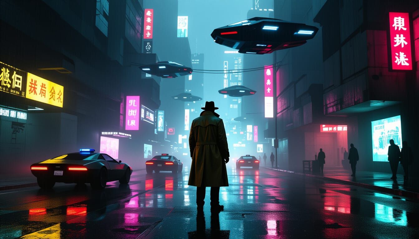 Grizzled Detective in Neon-Lit Futuristic City Street