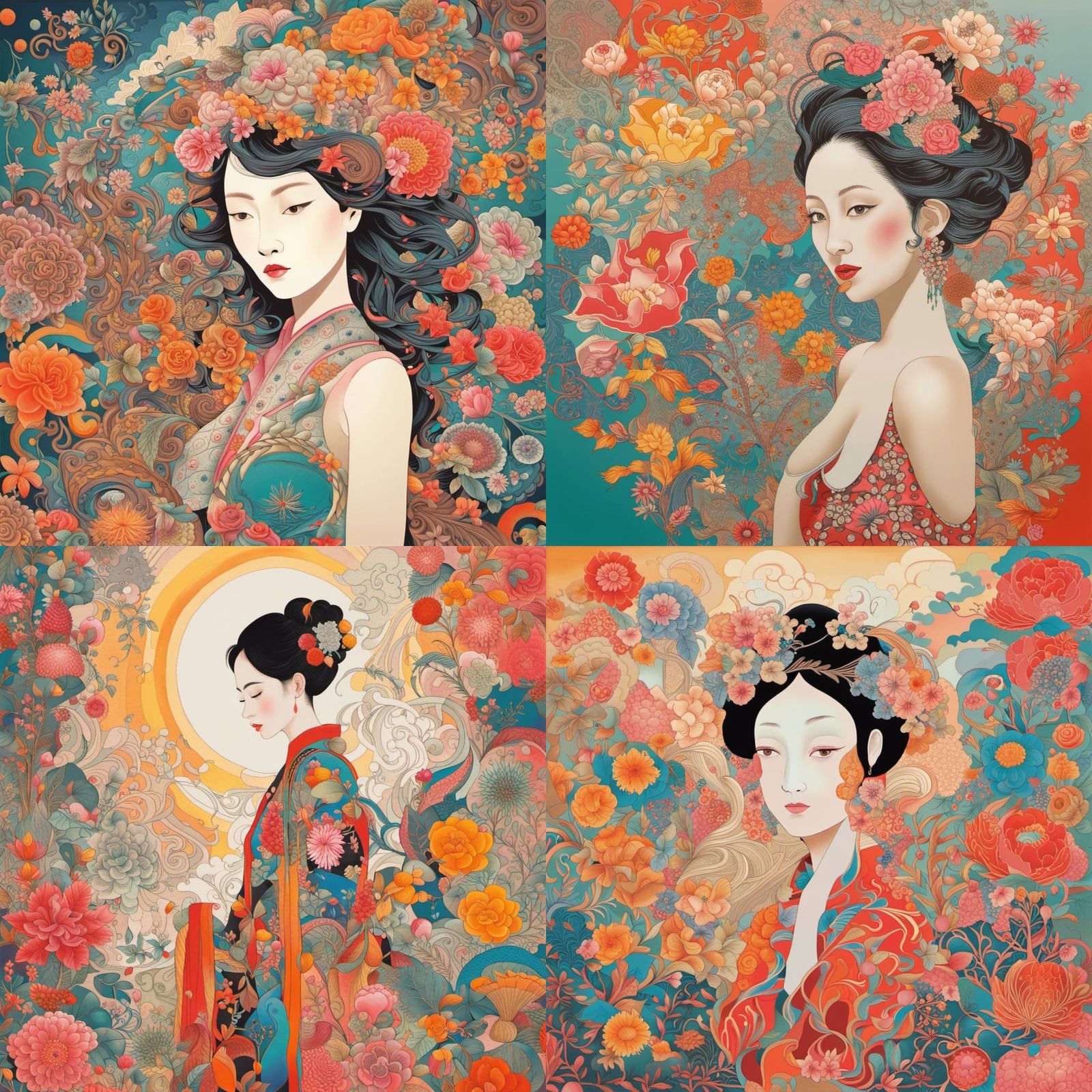 Stylized Floral Woman in Bright Mixed Media