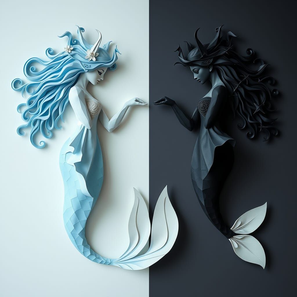 Surreal Mermaid Duality in Dreamlike Papercraft