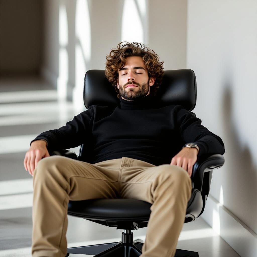 Young Man Relaxing in Swivel Chair, Moody Lighting