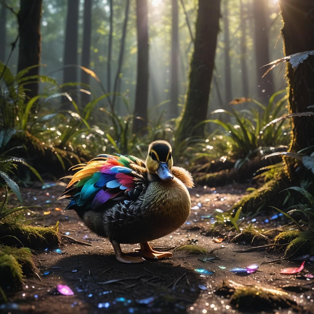 Rainbow Feathered Uni-Duck in Mystical Forest