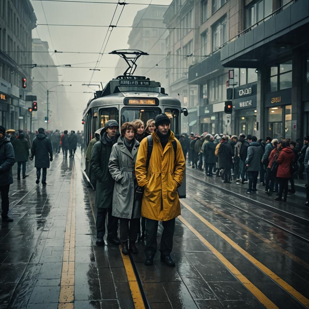 Cinematic Tram Scene on a Foggy Day