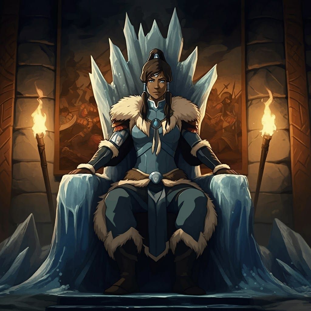 Avatar Korra as a tyrannical tribal warlord, sitting upon he...