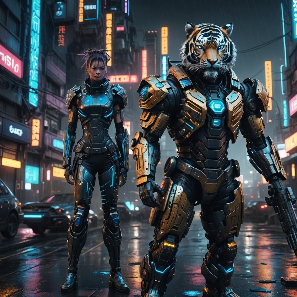 Cyberpunk Tiger Warrior in Armored Neon Cityscape