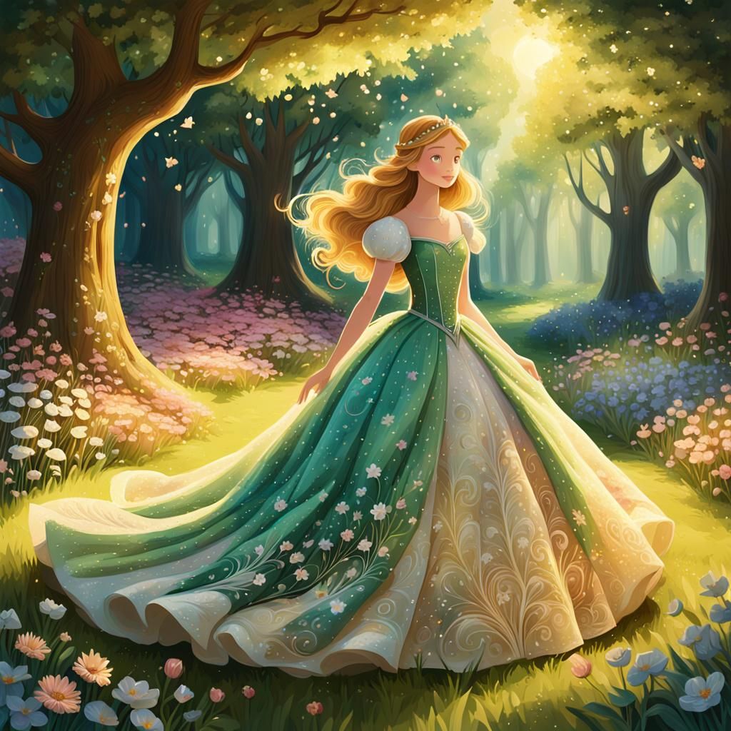 Princess in Floral Garden: Whimsical Fantasy Illustration