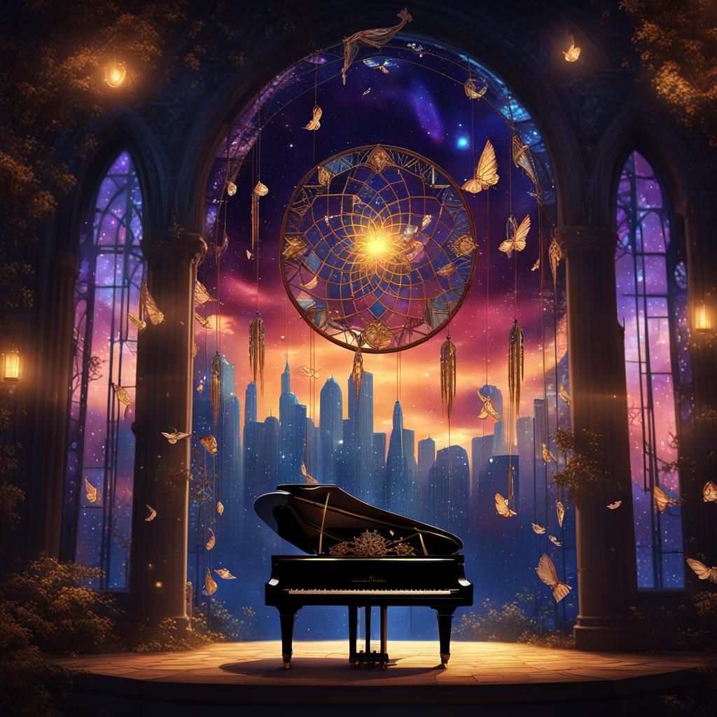 City of Stars Flying to Piano: Stained Glass Dream