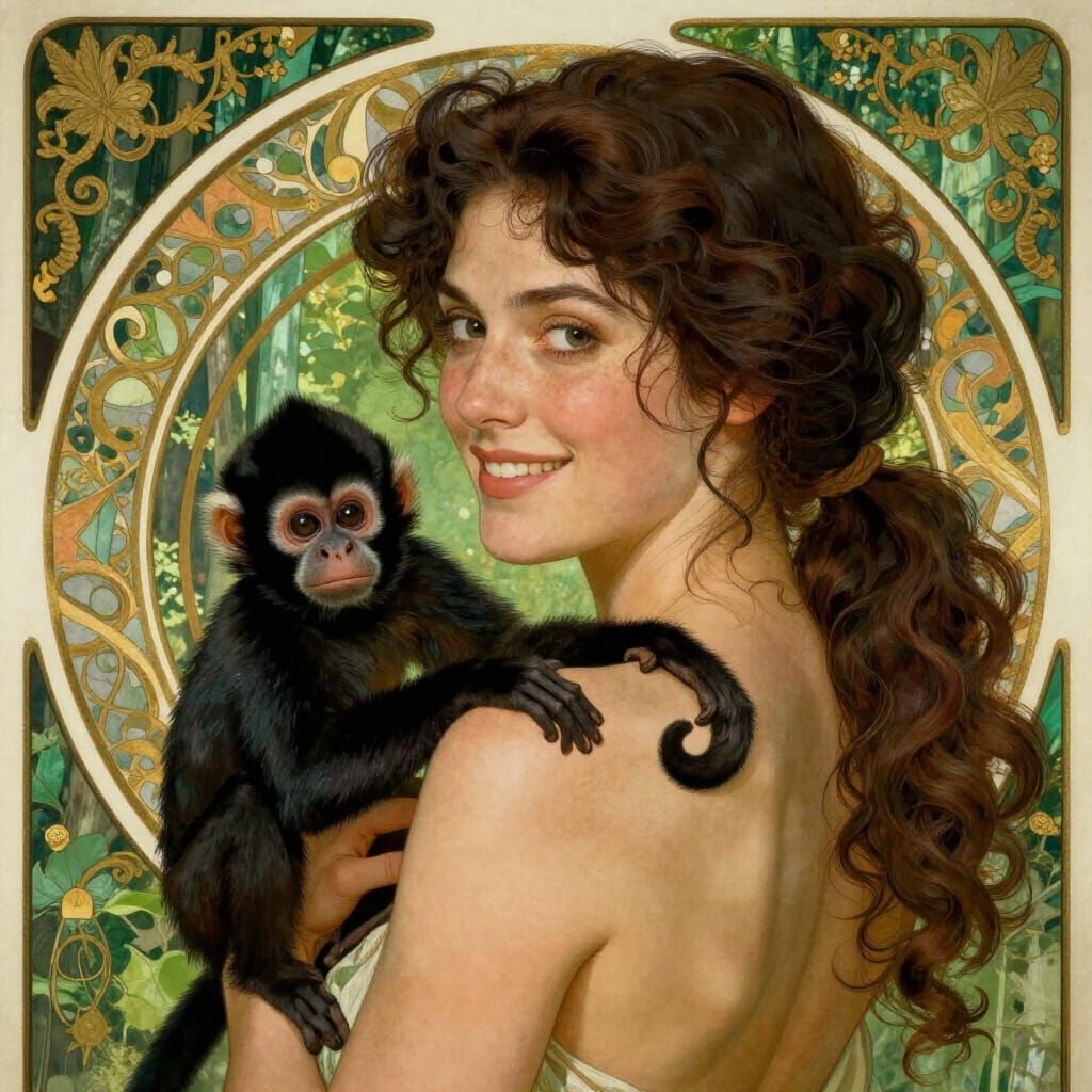 Woman and Monkey in Art Nouveau Style