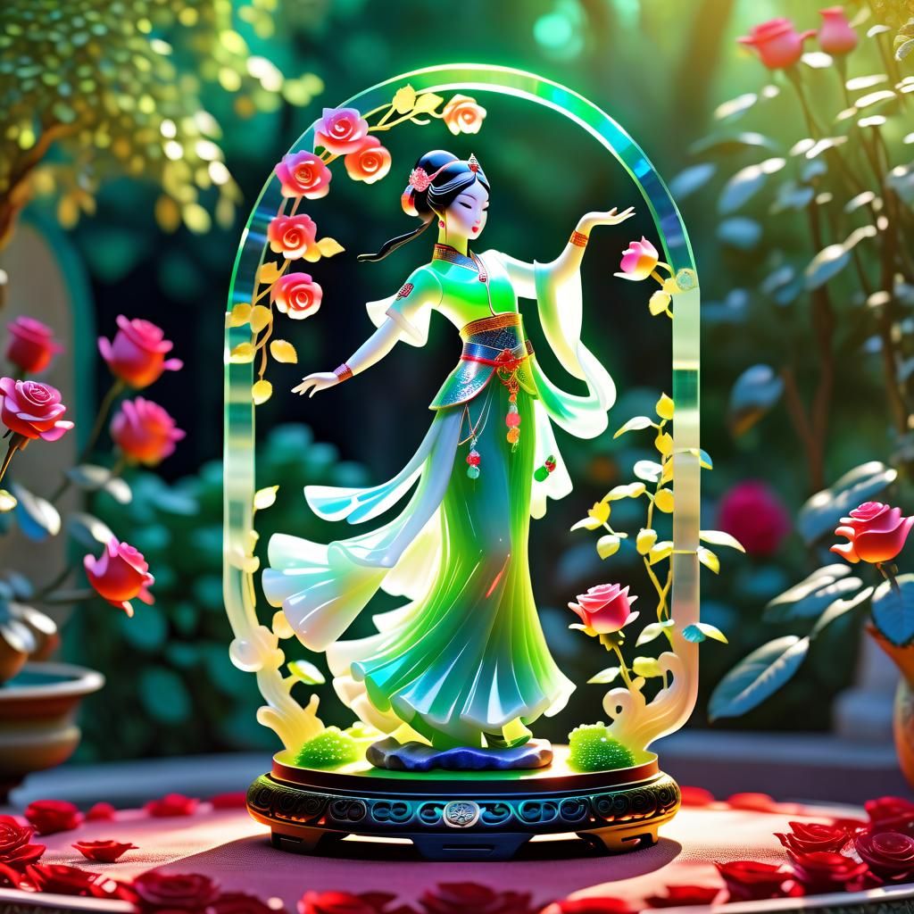 Holographic Jade Dancer with Rose Garden, 3D Render