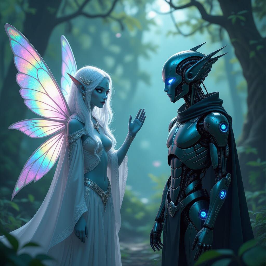 Alien Fairy Waves to Robotic Elf in Forest