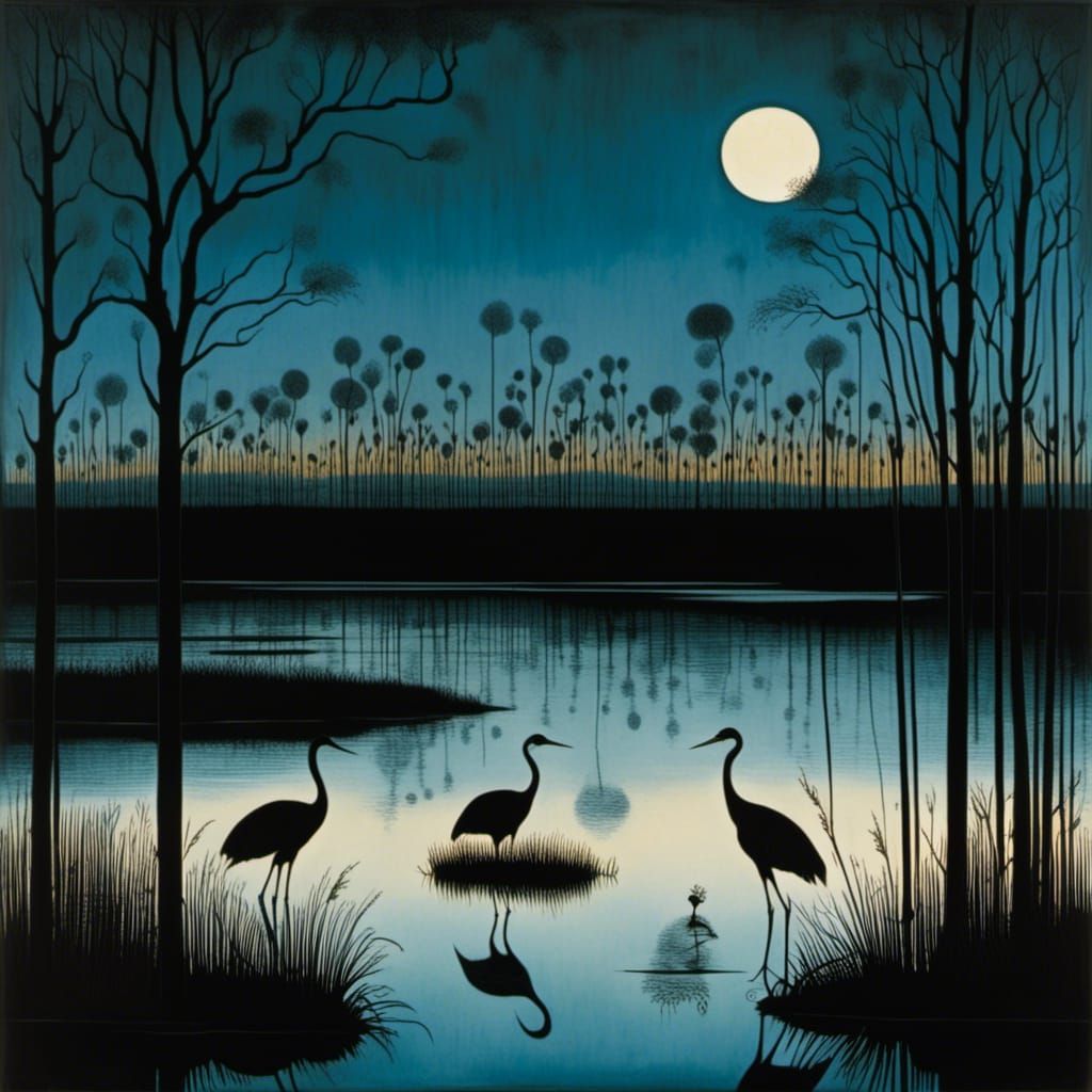 Cranes in Evening Light by Reed-Covered Lake