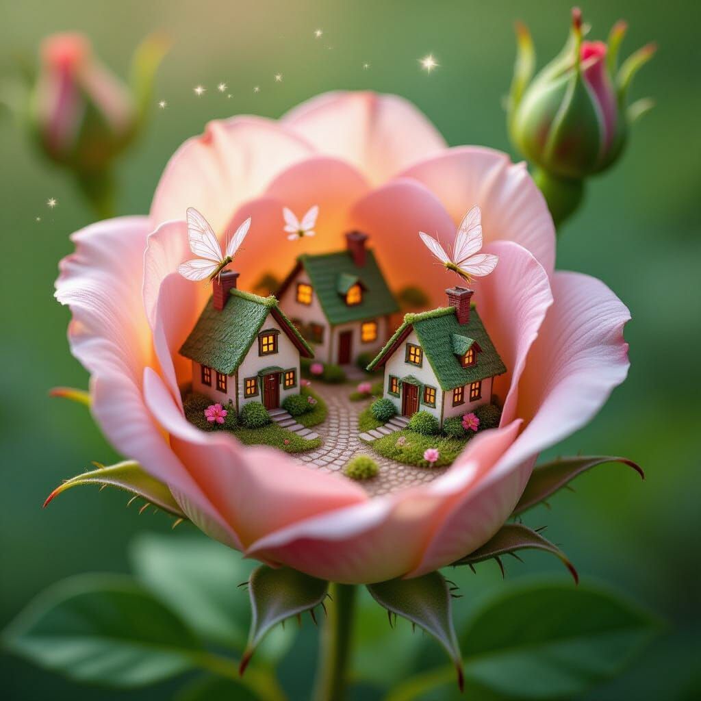 Whimsical Fairy Village Inside Giant Rose Bud