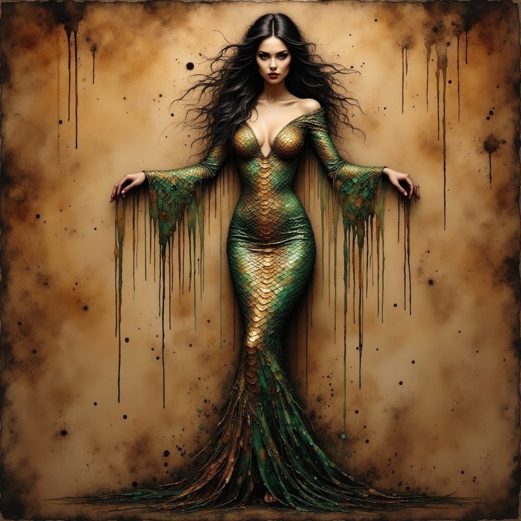 Confident Woman in Snake Skin Gown, Dark Fantasy Art