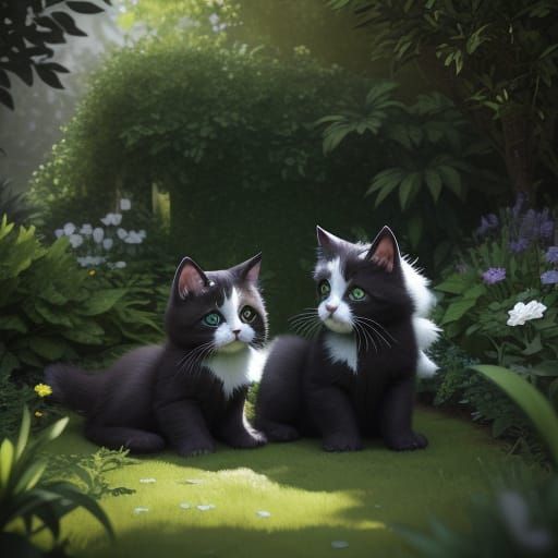 Kittens Play in Sunlit Garden