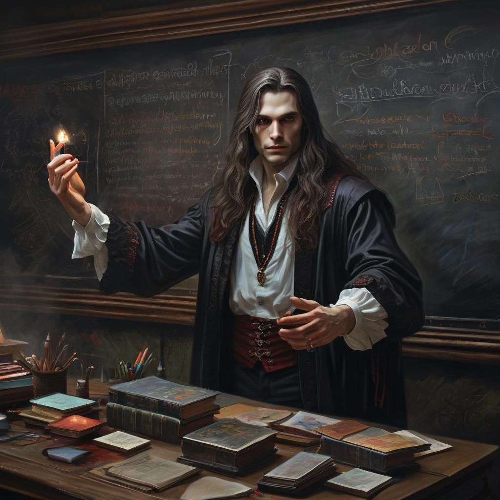 Vampire Teacher in a Romance Novel Style Painting
