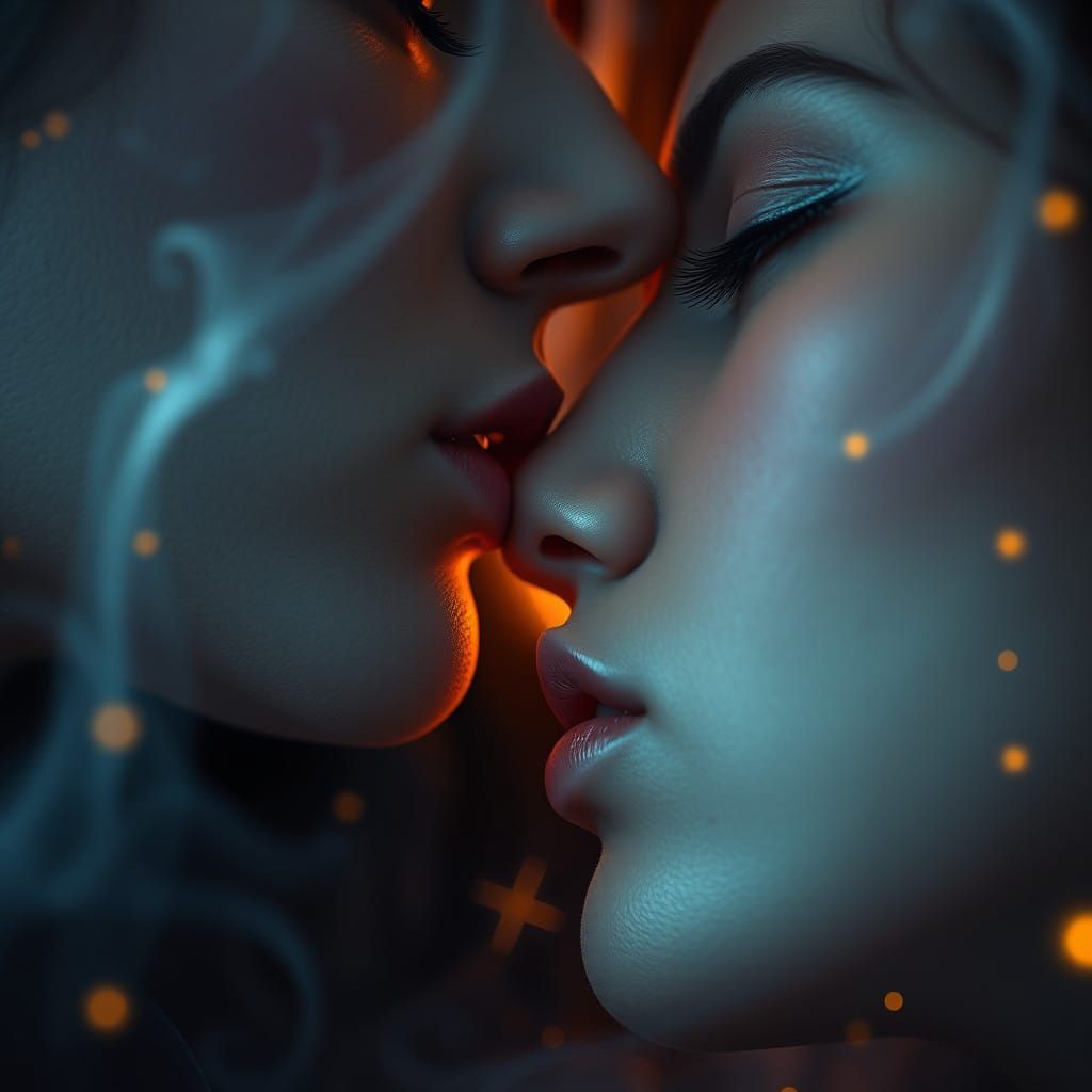 Tender Dreamy Lesbian Couple Kissing in Enchanting Fantasy R...
