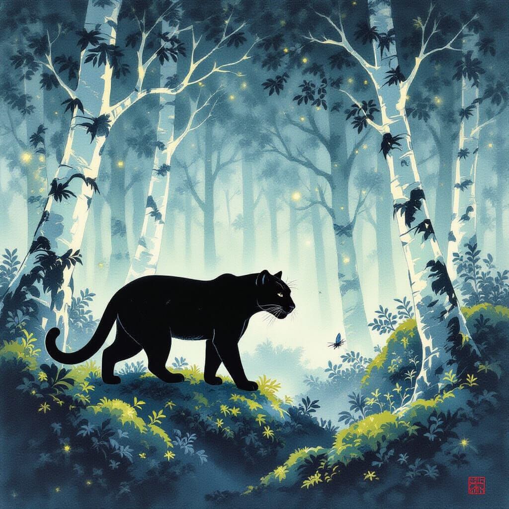 Black Panther in Dreamlike Crystal Forest