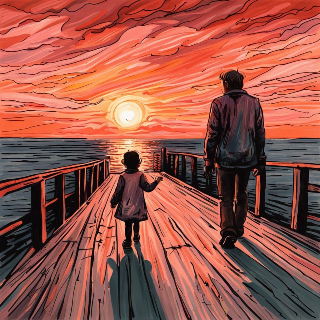 Father and Daughter Walk at Dawn: Van Gogh Style