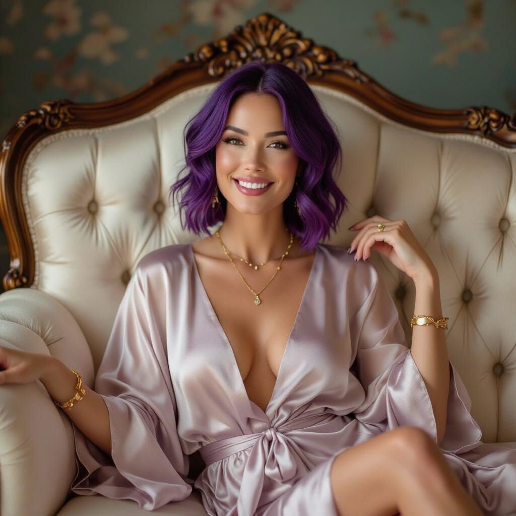 Beautiful Woman with Purple Bob and Chiffon Robe