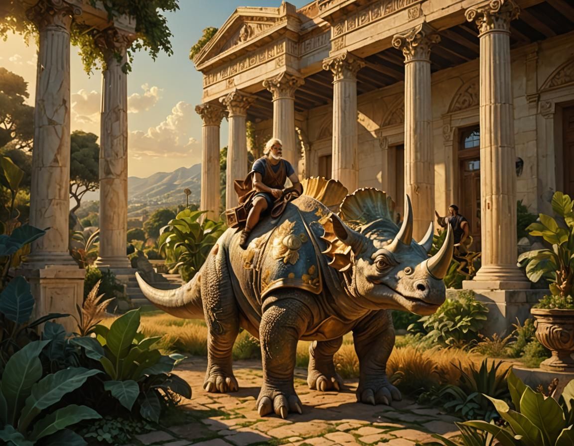 Greek Citizen Rides Triceratops: Dinotopia-Style Art