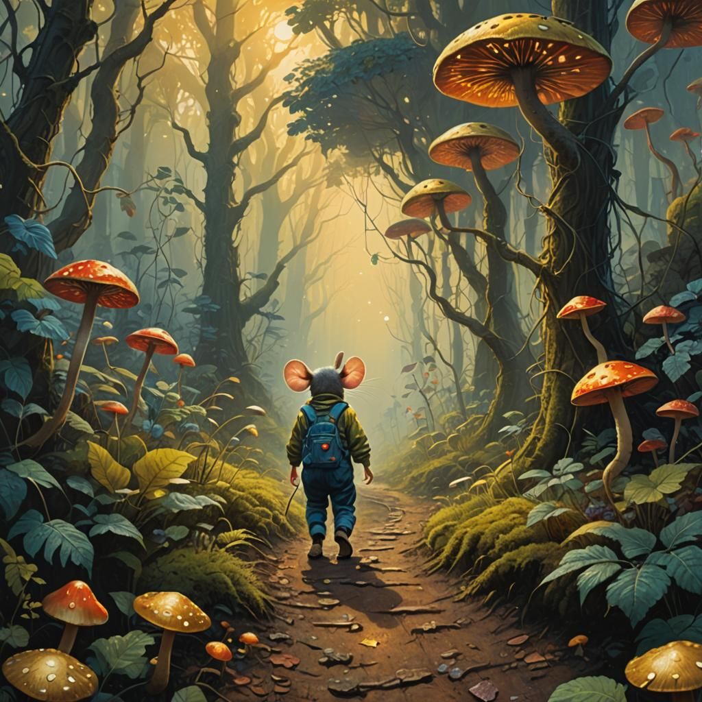 Mouse in Overalls Walking on Forest Path