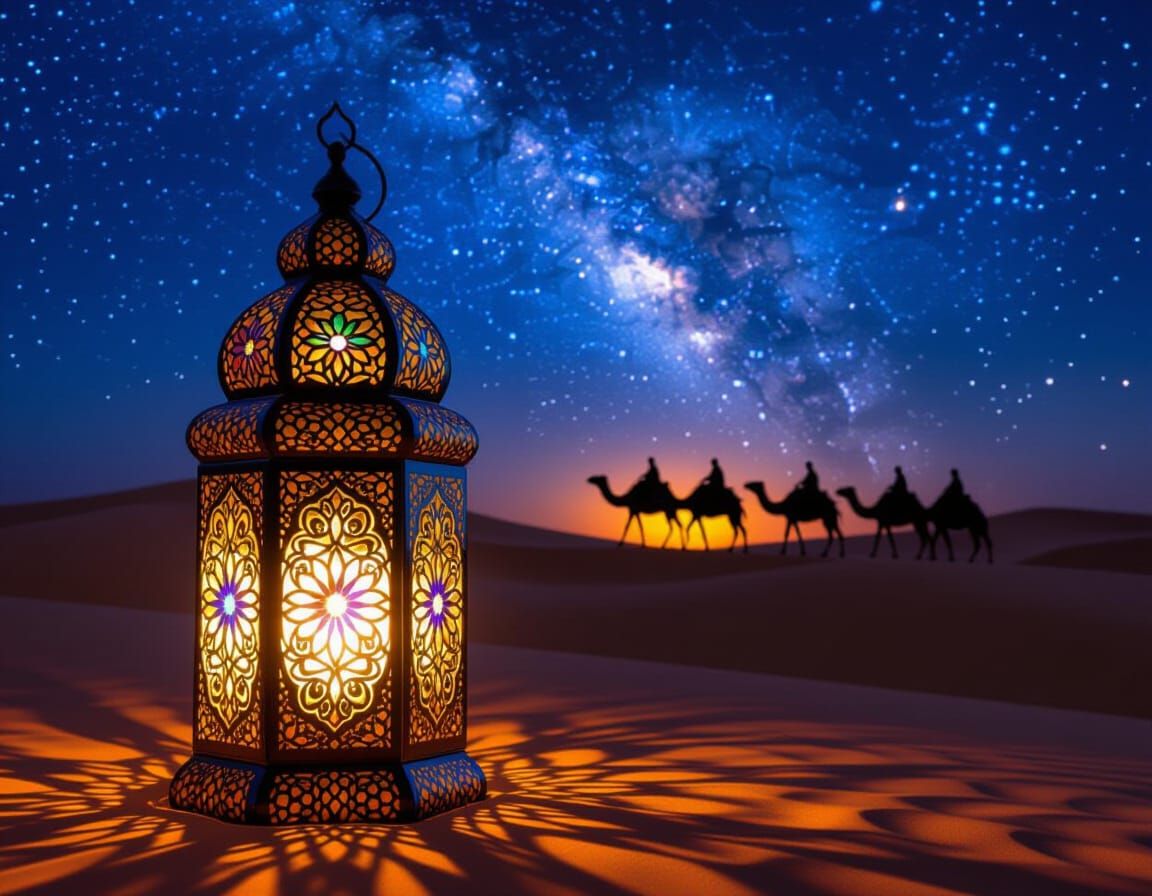 Ornate Moroccan Lantern in Desert Night