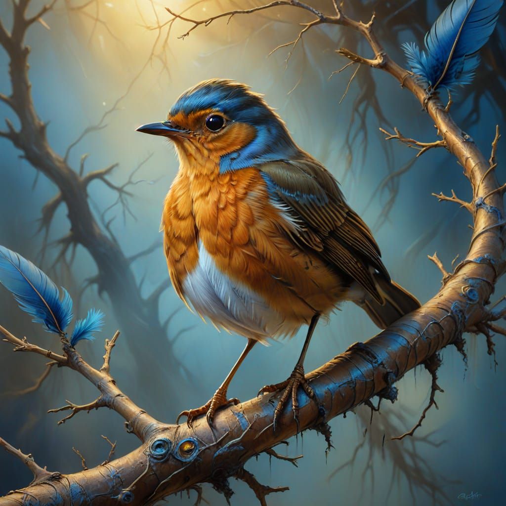 A surrealistic proud Robin perched on a branch