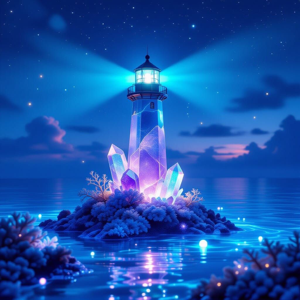 Bioluminescent Crystal Lighthouse at Twilight