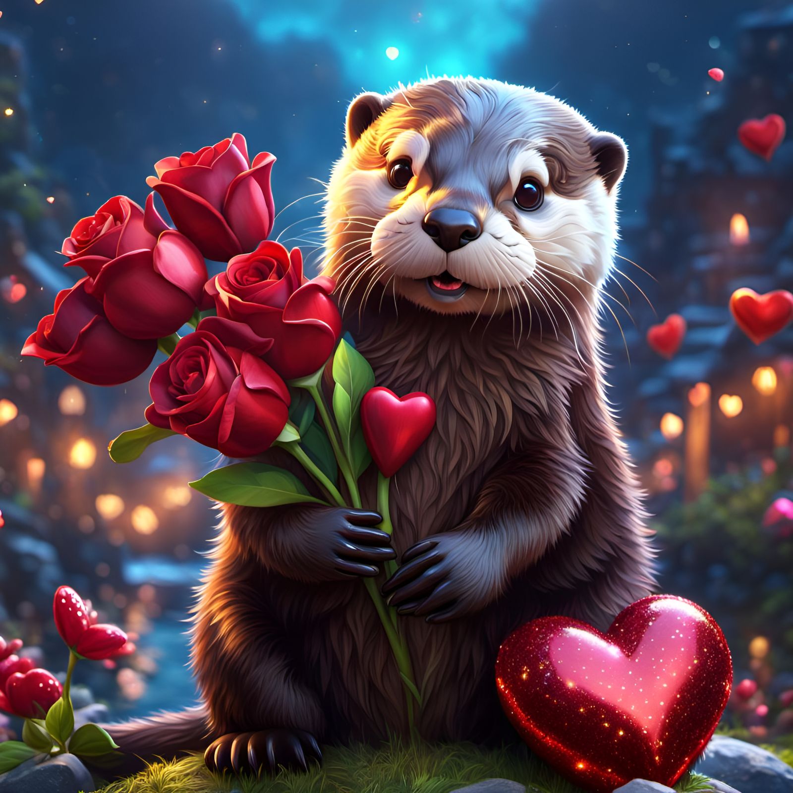 Valentine's Day Otter with Roses and Chocolates