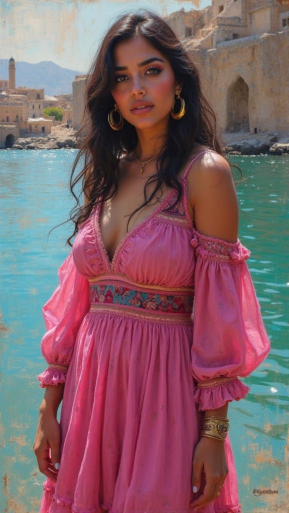 Palestinian Woman in Bohemian Dress: Polychromatic Oil Paint...