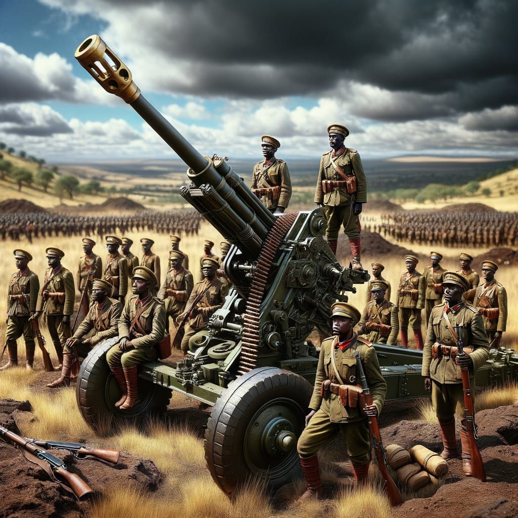 Bantu Soldiers Operate Howitzer on Battlefield