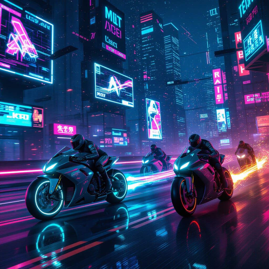 Cyberpunk Motorcycle Race Poster with Neon Trails