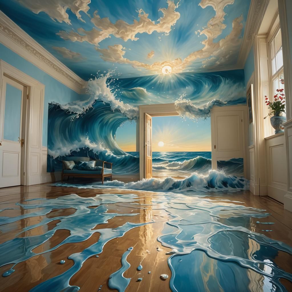 Ocean Waves Spill into Living Room: Surreal Art