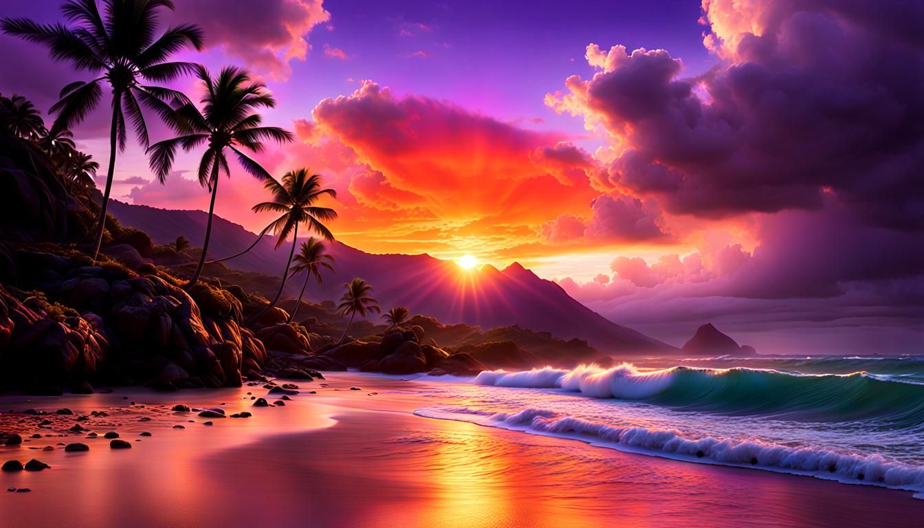 Kaleidoscopic Hawaiian Beach Scene in Vivid Color