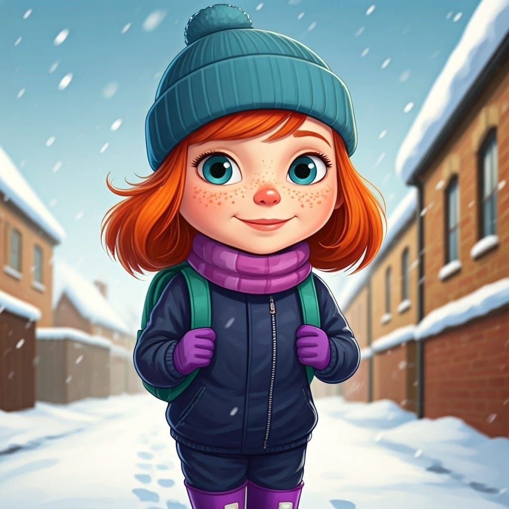 Girl with Backpack Walks Home in Winter Snow