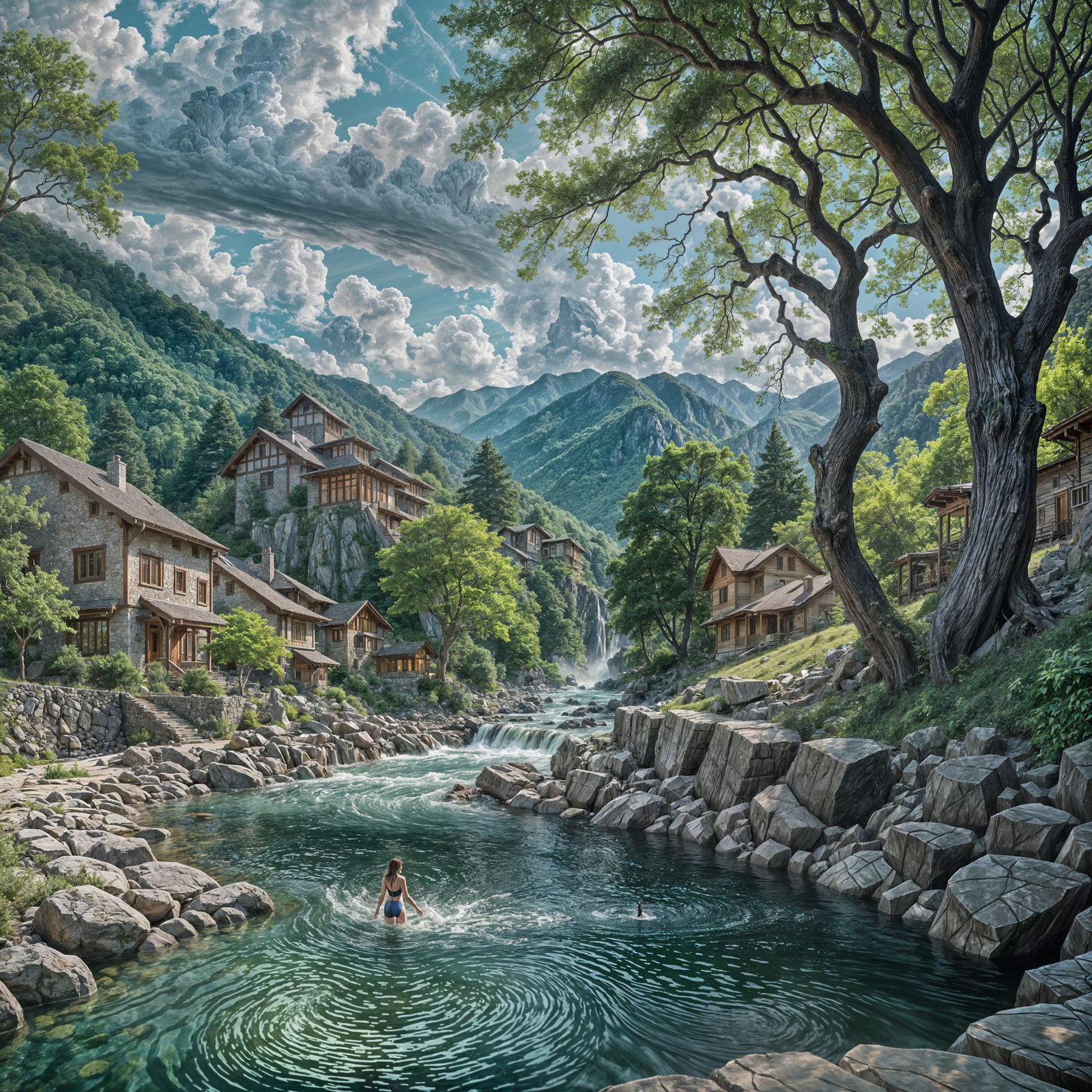 Mountain Village Torrent: A Swimmer's Solitude